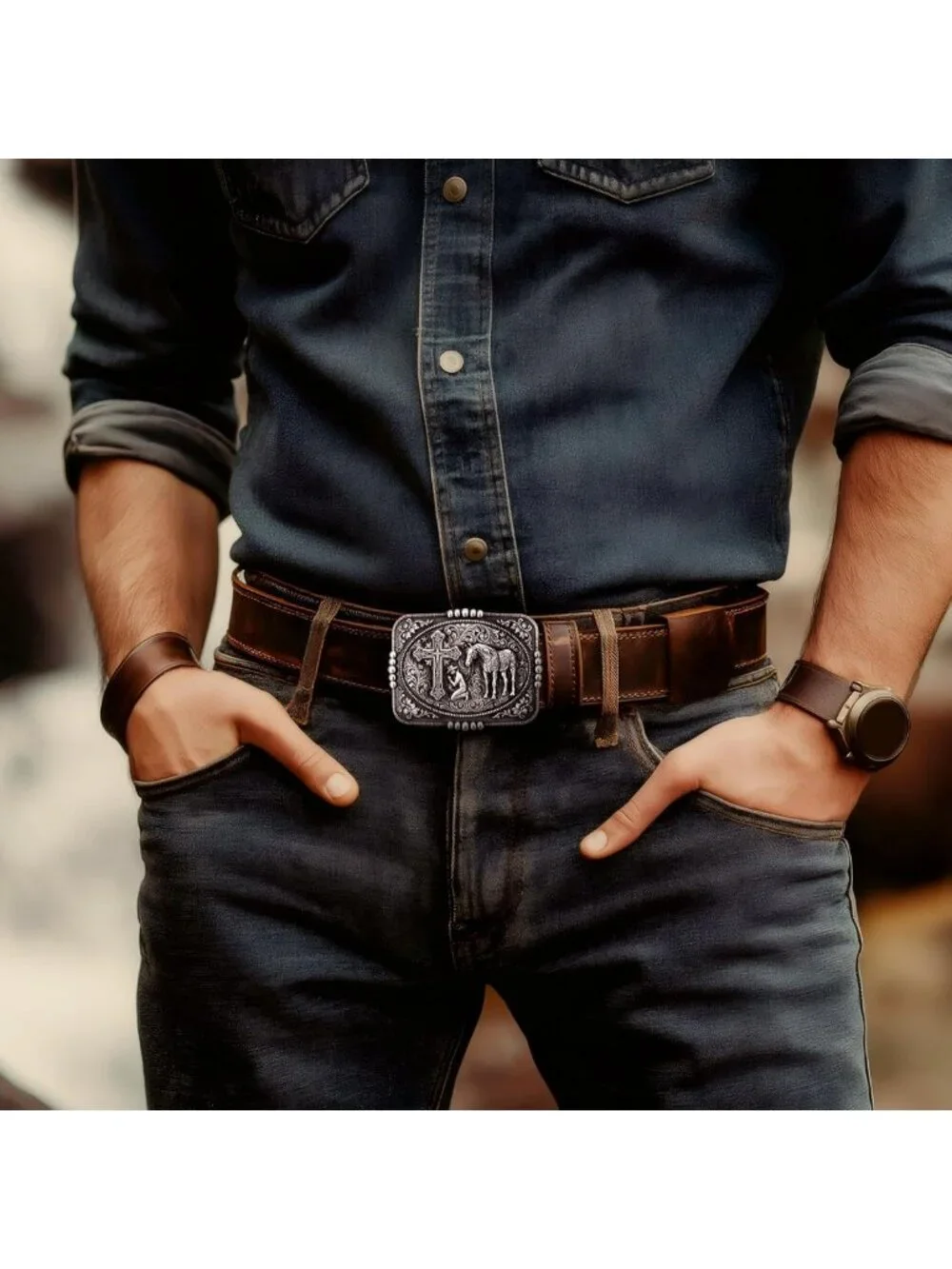 Vintage Western Belt Buckle Set - 4 Pcs Cowboy Style with Longhorn, Cross